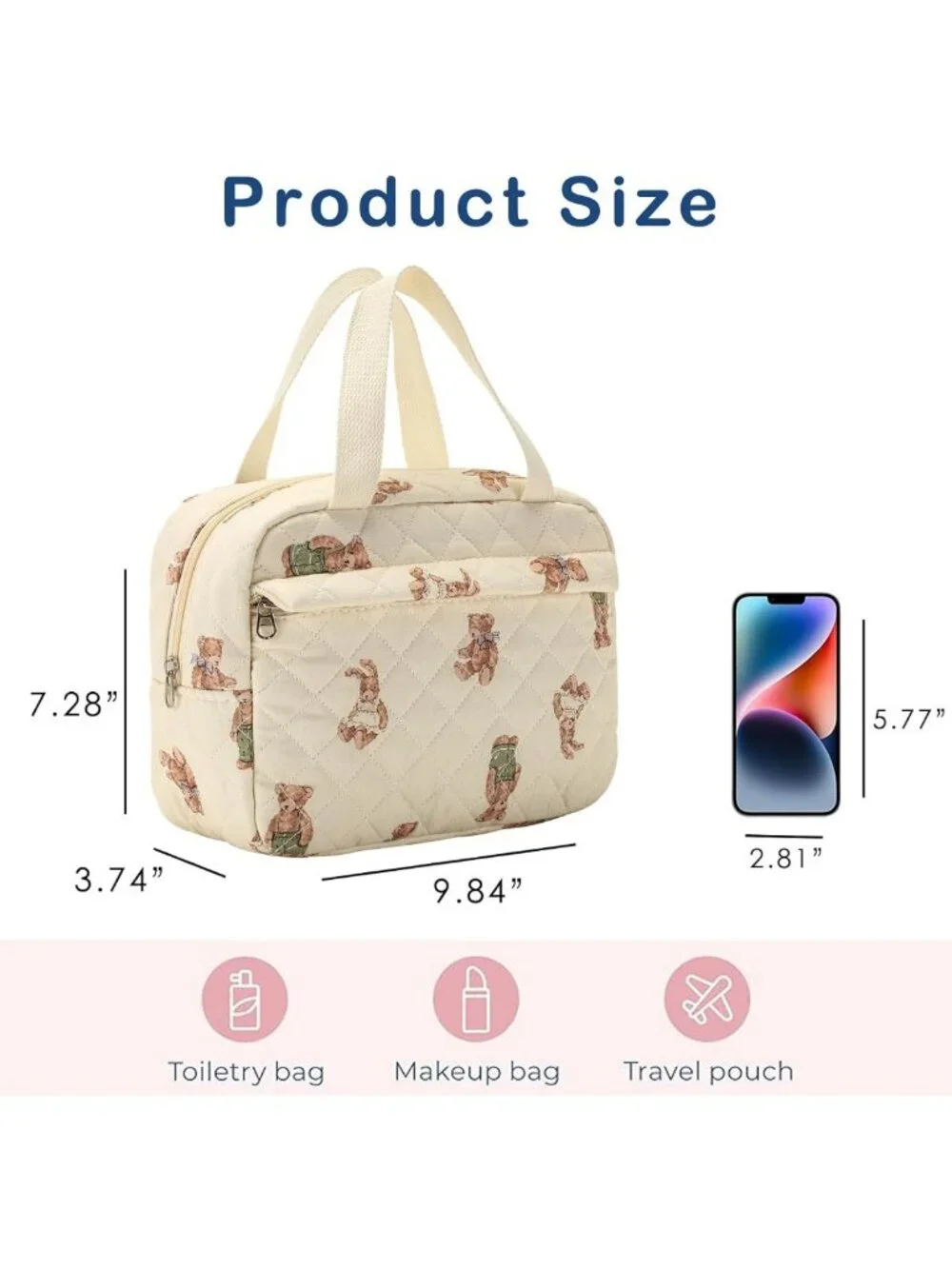 Large Quilted Makeup Bag - Cute Floral Travel Cosmetic Organizer with Handle
